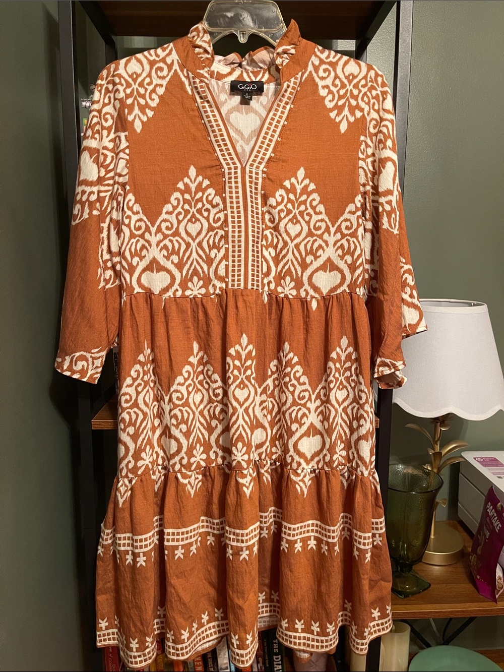 GIGIO Rust and White Printed Tiered V-Neck Dress